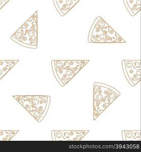 vector brown gold color outline triangle pizza slice mushrooms olives pepperoni chili pepper cheese tomato seamless pattern on white background&#xA;