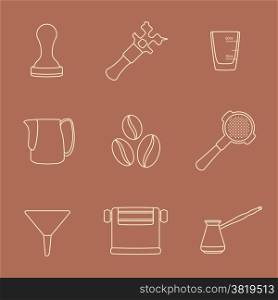 vector brown outline coffee barista equipment icons set tools espresso tamper, coffee wrench, measuring glass, pitcher, coffee beans, filter holder, funnel, knockbox, turk coffee pot&#xA;