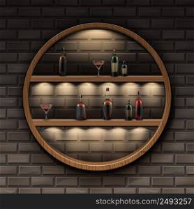 Vector brown round wooden shelves with backlights and glass bottles of alcohol isolated on dark brick wall. Round wooden shelves
