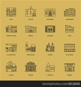 Vector building line icons. Outline town houses illustration. Outline town houses illustration