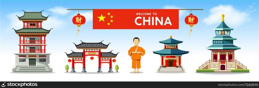 Vector Buildings of China style collections design on cloud and sky background, illustrations