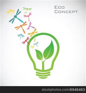 Vector bulb and dragonfly and leaves. eco concept