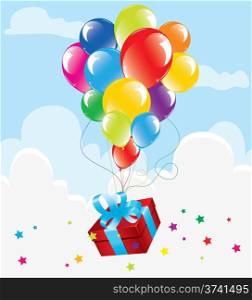 vector bunch of colorful balloons and a gift box in the sky