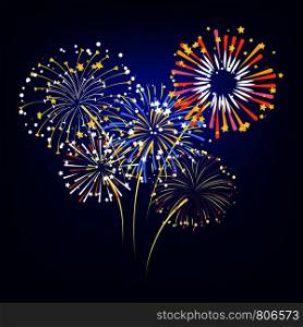 Vector bunch of colorful fireworks exploding on gradient background ilustration. Vector of colorful fireworks exploding