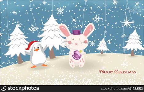 vector bunny with penguin