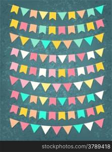 Vector bunting party flags . Vector bunting party flags set in different colors on grunge background