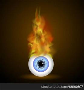 Vector Burning Blue Eye with Fire Flame on Dark Background. Vector Burning Blue Eye with Fire Flame