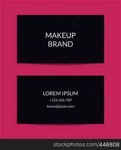 Vector business card template for beauty brand or makeup artist with monochrome hand drawn makeup background illustration. Vector business card template for beauty brand or makeup artist