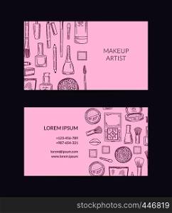 Vector business card template for beauty brand or makeup artist with monochrome hand drawn sketched makeup background illustration. Vector business card template for beauty brand or makeup