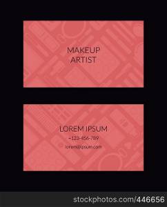Vector business card template for beauty brand or makeup artist with transparent monochrome flat style makeup and skincare background illustration. Vector business card for beauty brand or makeup