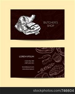 Vector business card template for butchers shop with hand drawn monochrome meat elements illustration. Vector business card template for butchers shop
