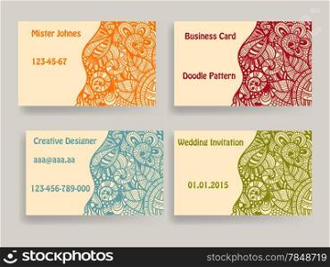 Vector business card template with doodle floral pattern , original design, hobo std font in examples, mesh and transparency effects in shadows