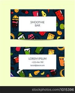 Vector business card with doodle smoothie for cafe or vegan bar illustration. Vector doodle smoothie for cafe or vegan bar illustration
