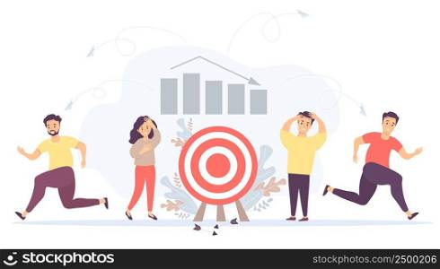 Vector. Business concept - crisis, failure, collapse of relationships and teamwork. A man and a woman near the target with falling arrows. People run away. Against the background of graphs and columns