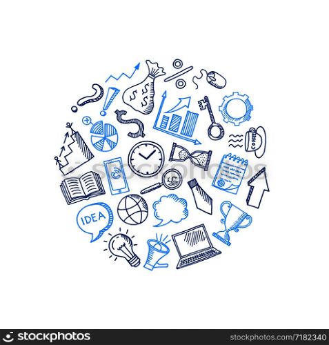 Vector business doodle icons in circle shape illustration isolated on white. Vector business doodle icons in circle shape illustration