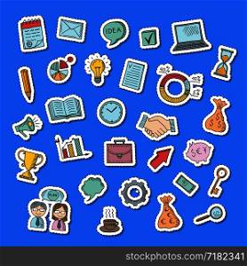Vector business doodle icons stickers set illustration. Collection of sticker idea and money, handshake and portfolio. Vector business doodle icons stickers set illustration