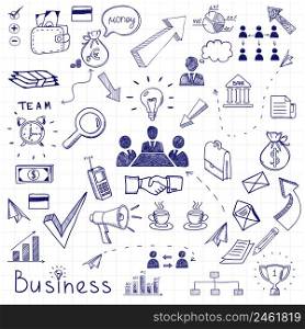 Vector business doodles seamless pattern background with diagrams, humans and ideas bulbs