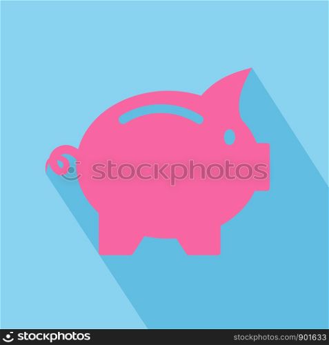 Vector business flat piggy bank icon with long shadow on blue background