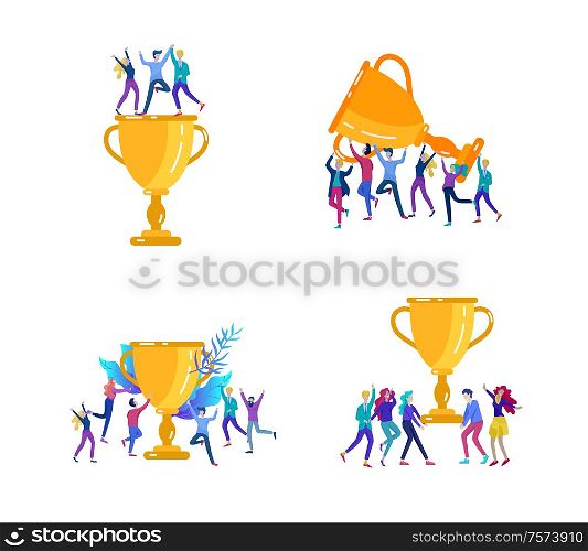Vector business illustration, leadership creative team, successful people standing with winner cup. Vector business illustration, leadership creative team, successful people standing with winner