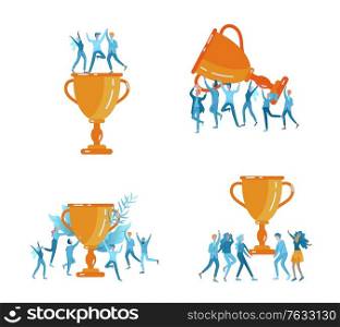 Vector business illustration, leadership creative team, successful people standing with winner cup. Vector business illustration, leadership creative team, successful people standing with winner