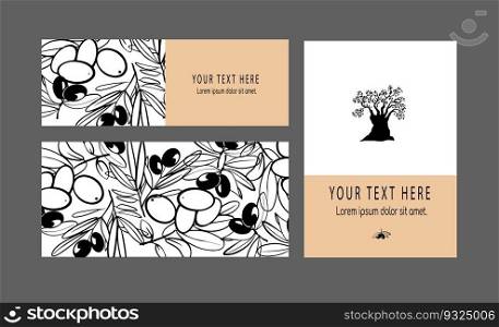 Vector business set template olive branch and tree logo design with 3 options. Restaurant or organic cosmetics, soap and beauty products branding elements.