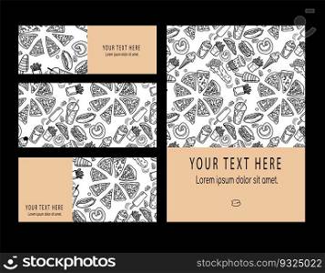 Vector business set template with cute hand drawn fastfood illustrations. Restaurant or cafe branding elements. Flyer design with pizza and burgers.
