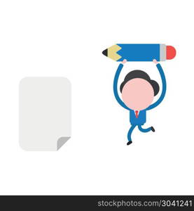 Vector businessman character running and carrying pencil to blan. Vector illustration of faceless businessman character running and carrying pencil to blank paper.