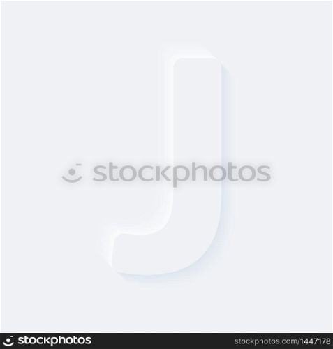 Vector button letter of alphabet J. Bright white gradient neumorphic effect character type icon. Internet gray symbol isolated on a background.