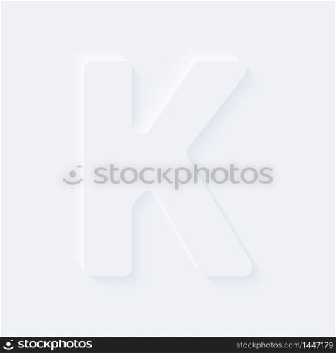 Vector button letter of alphabet K. Bright white gradient neumorphic effect character type icon. Internet gray symbol isolated on a background.