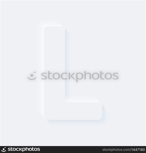Vector button letter of alphabet L. Bright white gradient neumorphic effect character type icon. Internet gray symbol isolated on a background.