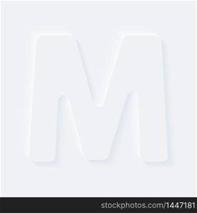 Vector button letter of alphabet M. Bright white gradient neumorphic effect character type icon. Internet gray symbol isolated on a background.