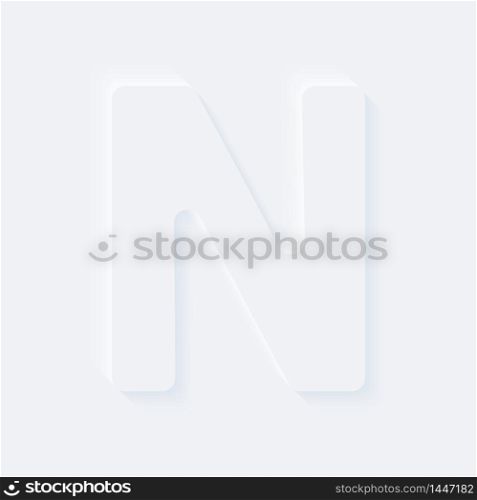 Vector button letter of alphabet N. Bright white gradient neumorphic effect character type icon. Internet gray symbol isolated on a background.