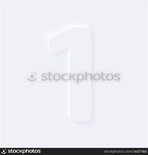 Vector button letter of alphabet number 1. Bright white gradient neumorphic effect character type icon. Internet gray symbol isolated on a background.