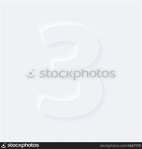 Vector button letter of alphabet number 3. Bright white gradient neumorphic effect character type icon. Internet gray symbol isolated on a background.