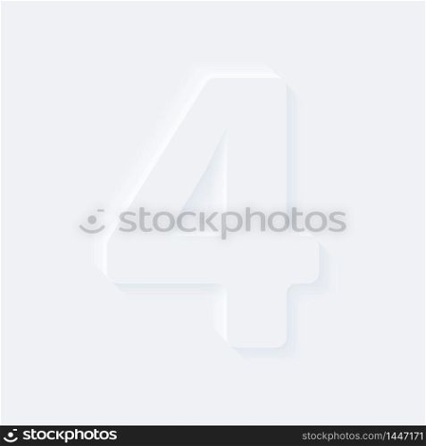 Vector button letter of alphabet number 4. Bright white gradient neumorphic effect character type icon. Internet gray symbol isolated on a background.