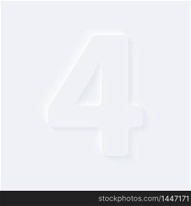 Vector button letter of alphabet number 4. Bright white gradient neumorphic effect character type icon. Internet gray symbol isolated on a background.