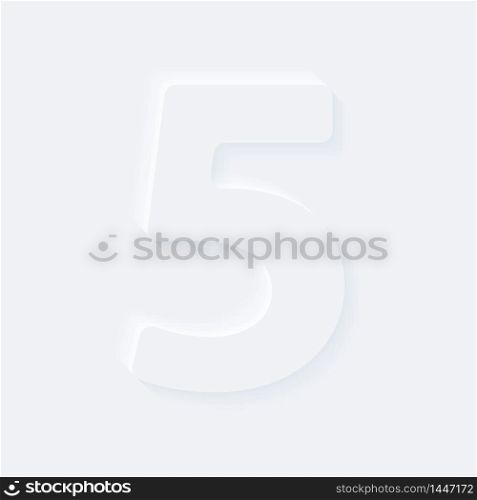 Vector button letter of alphabet number 5. Bright white gradient neumorphic effect character type icon. Internet gray symbol isolated on a background.