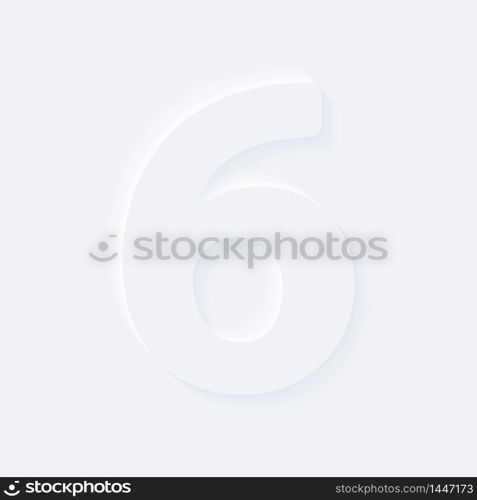 Vector button letter of alphabet number 6. Bright white gradient neumorphic effect character type icon. Internet gray symbol isolated on a background.