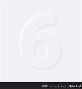 Vector button letter of alphabet number 6. Bright white gradient neumorphic effect character type icon. Internet gray symbol isolated on a background.