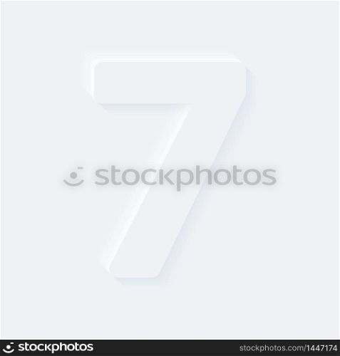 Vector button letter of alphabet number 7. Bright white gradient neumorphic effect character type icon. Internet gray symbol isolated on a background.
