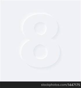Vector button letter of alphabet number 8. Bright white gradient neumorphic effect character type icon. Internet gray symbol isolated on a background.
