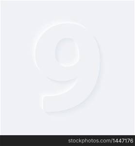 Vector button letter of alphabet number 9. Bright white gradient neumorphic effect character type icon. Internet gray symbol isolated on a background.