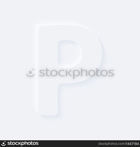 Vector button letter of alphabet P. Bright white gradient neumorphic effect character type icon. Internet gray symbol isolated on a background.