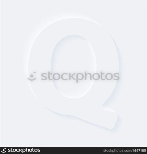 Vector button letter of alphabet Q. Bright white gradient neumorphic effect character type icon. Internet gray symbol isolated on a background.