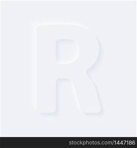 Vector button letter of alphabet R. Bright white gradient neumorphic effect character type icon. Internet gray symbol isolated on a background.