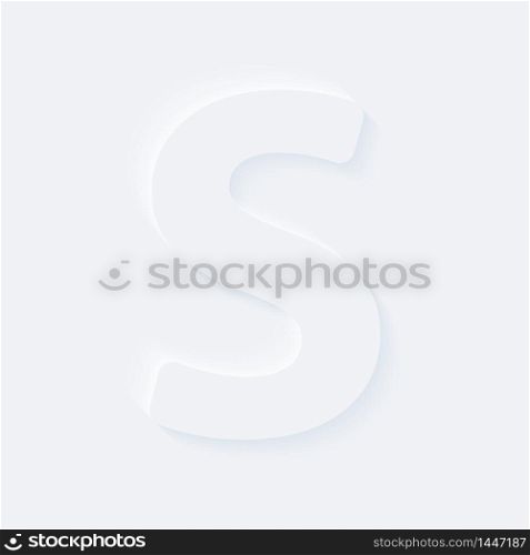 Vector button letter of alphabet S. Bright white gradient neumorphic effect character type icon. Internet gray symbol isolated on a background.
