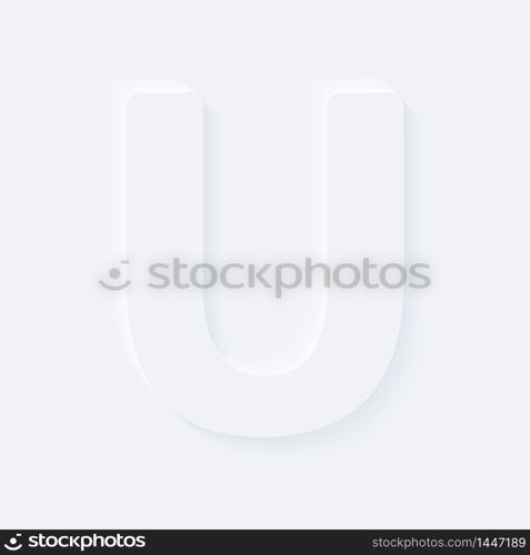 Vector button letter of alphabet U. Bright white gradient neumorphic effect character type icon. Internet gray symbol isolated on a background.