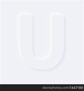 Vector button letter of alphabet U. Bright white gradient neumorphic effect character type icon. Internet gray symbol isolated on a background.