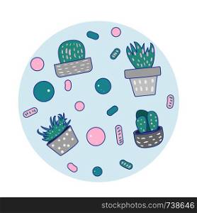 Vector cactus design badge. Houseplant round composition in doodle style.