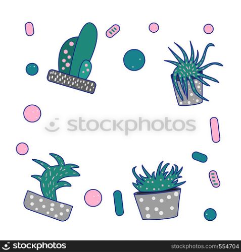 Vector cactus design border. Houseplant composition in doodle style.